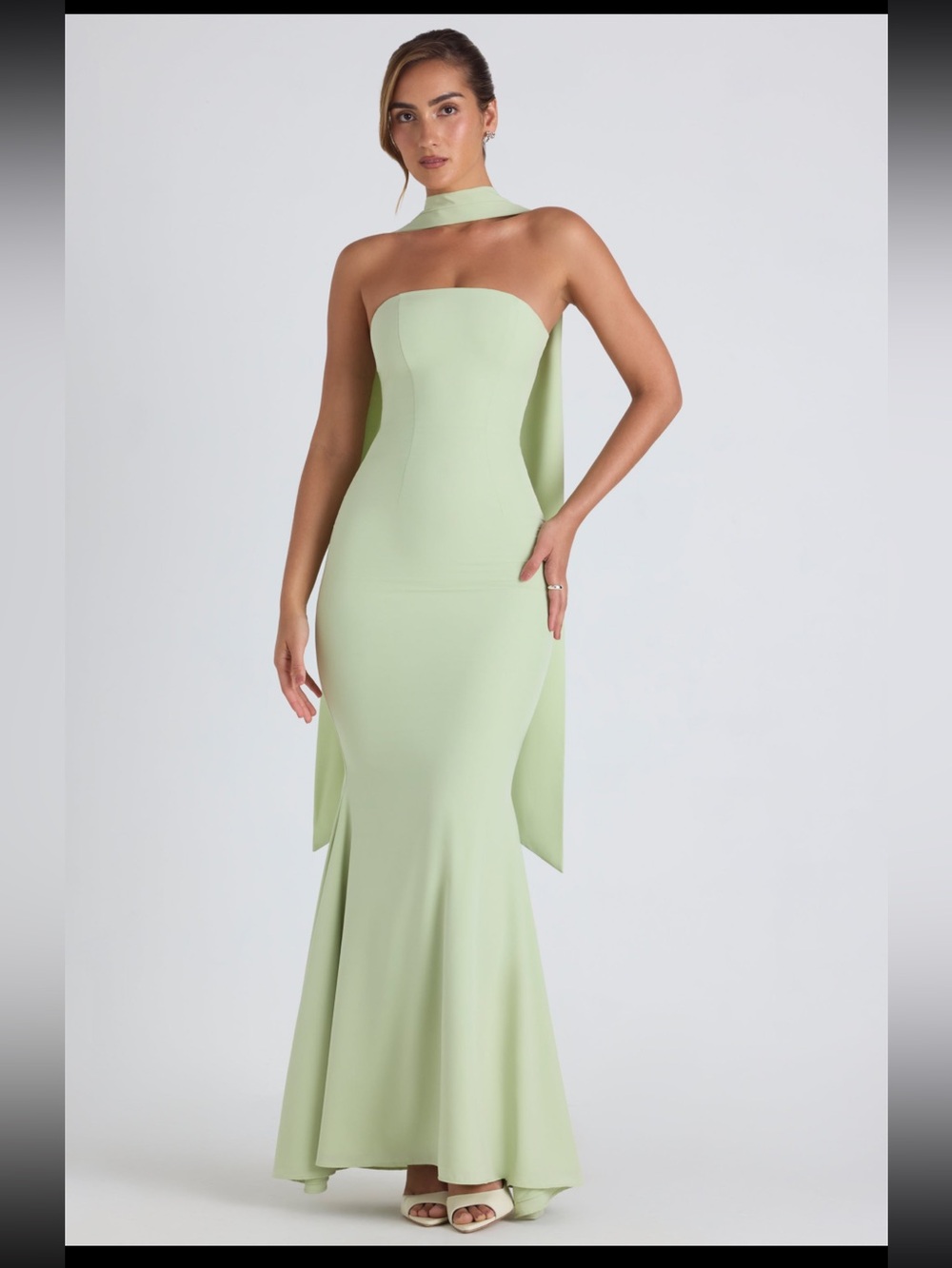 Oh Polly Imogene Strapless Gown with scarf detail in Spring green